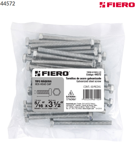 BOLSA CON 50 TORNILLOS 5/16'' X 3-1/2'' TIPO MÁQUINA, FIERO 44572 N