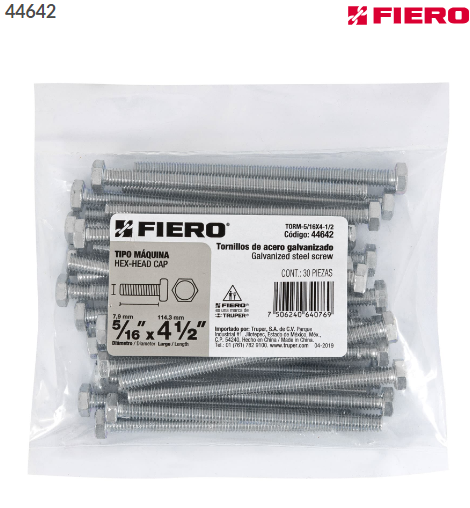 BOLSA CON 30 TORNILLOS 5/16'' X 4-1/2'' TIPO MÁQUINA, FIERO 44642 N
