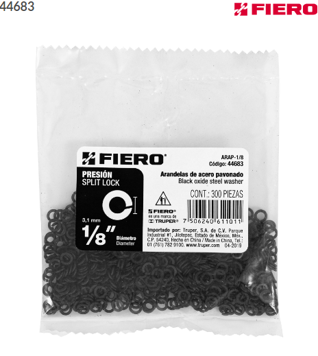 BOLSA CON 300 ARANDELAS DE PRESION DE 1/8'', FIERO 44683 N