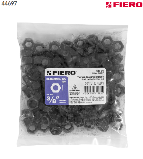 BOLSA 100 TUERCAS 3/8'' HEXAGONALES PAVONADAS, GRANO 5 44697 N