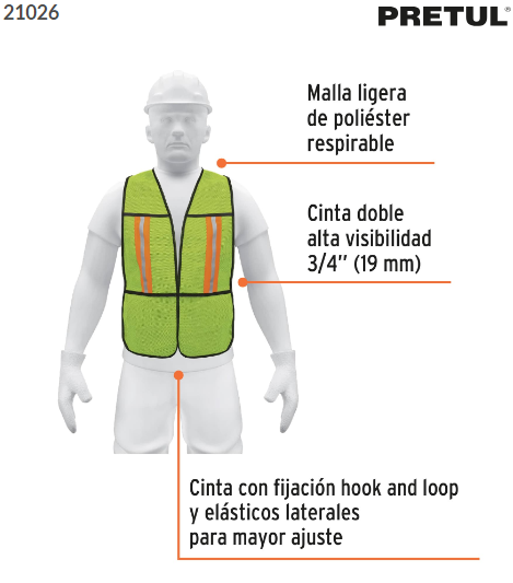 CHALECO DE SEGURIDAD CON CINTAS REFLEJANTES, VERDE, PRETUL 21026 *