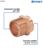CONECTOR DE COBRE DE ROSCA EXTERIOR 3/4'', FOSET 47626 N