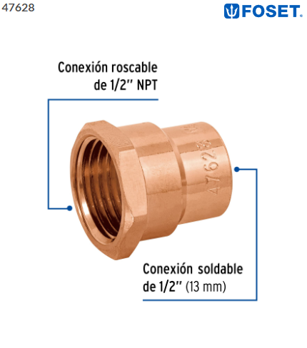 CONECTOR DE COBRE DE ROSCA INTERIOR 1/2'', FOSET 47628 N