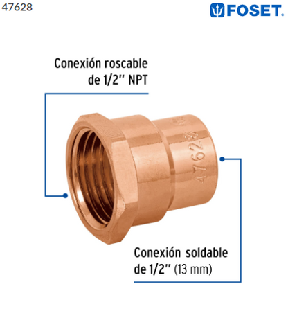 CONECTOR DE COBRE DE ROSCA INTERIOR 1/2'', FOSET 47628 N