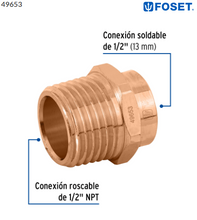 Cargar imagen en el visor de la galería, CONECTOR DE COBRE, ROSCA EXTERIOR 1/2&#39;&#39;, FOSET 49653 N
