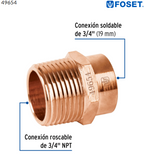 CONECTOR DE COBRE, ROSCA EXTERIOR 3/4'' FOSET 49654 N