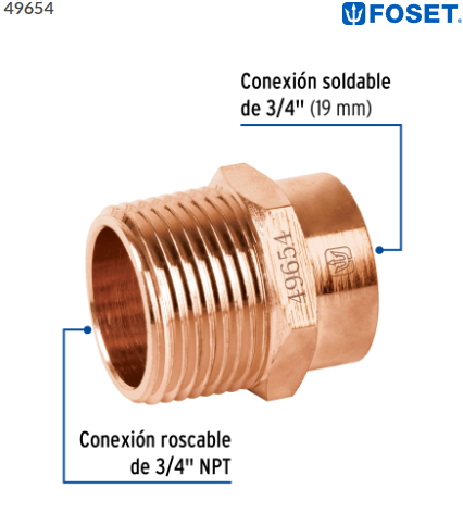 CONECTOR DE COBRE, ROSCA EXTERIOR 3/4'' FOSET 49654 N