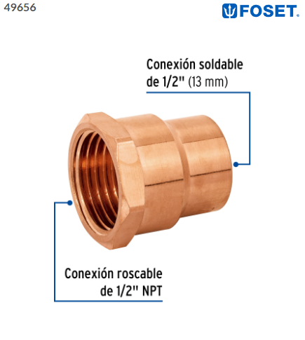 CONECTOR DE COBRE, ROSCA INTERIOR 3/4'', FOSET 49657 N