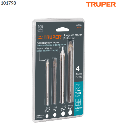 JUEGO DE 4 BROCAS PARA VIDRIO Y AZULEJO, TRUPER 101798 P