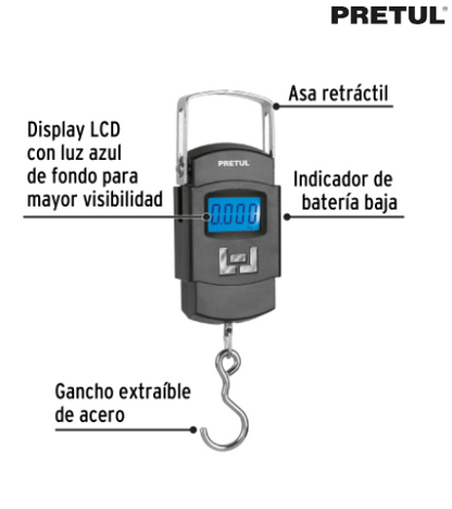 BÀSCULA ELECTRONICA COLGANTE, DE PILAS, 50KG, PRETUL 28180 *