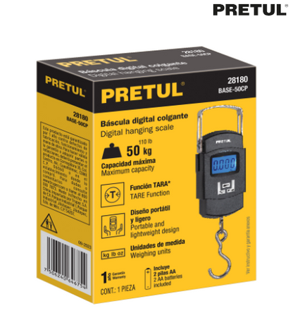 BÀSCULA ELECTRONICA COLGANTE, DE PILAS, 50KG, PRETUL 28180 *