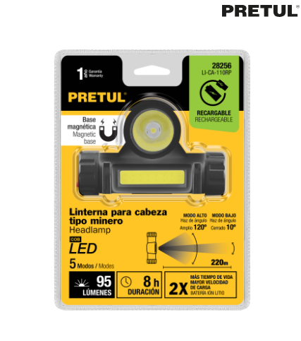 LINTERNA DE MINERO LED CON IMÀN, 180  LM, RECARGABLE, PRETUL 28256 *