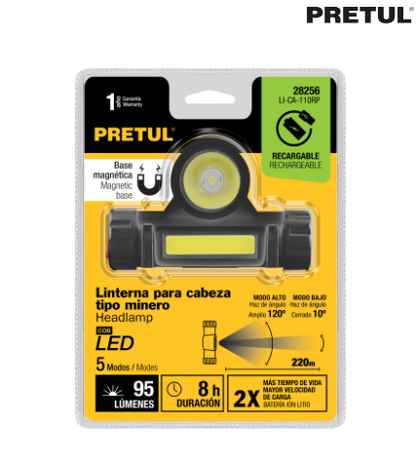 LINTERNA DE MINERO LED CON IMÀN, 180  LM, RECARGABLE, PRETUL 28256 *