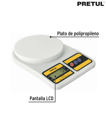 BÀSCULA DIGITAL PARA COCINA, PLATO DE POLIPROP, 5KG, PRETUL 28309 *