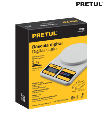 BÀSCULA DIGITAL PARA COCINA, PLATO DE POLIPROP, 5KG, PRETUL 28309 *