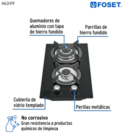 PARRILLA GAS EMPOTRABLE 30CM, 2 QUEM, VIDRIO NEGRO, RIVIERA 46249 P