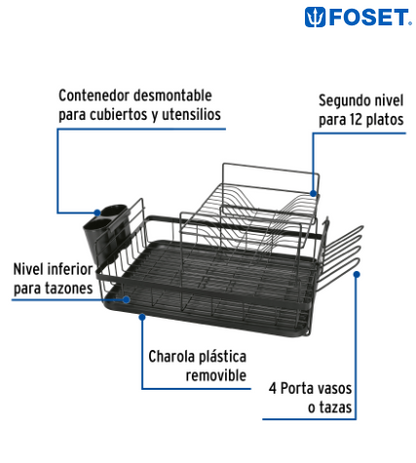 ESCURRIDOR NEGRO DE ACERO CON 2 NIVELES PARA TRASTES, GRANDE 47502 P