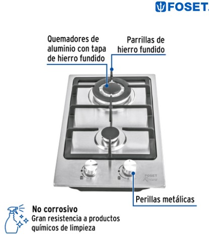 PARRILLA GAS EMPOTRABLE 30CM. 2 QUEM, ACERO INOX, RIVIERA 48320 P