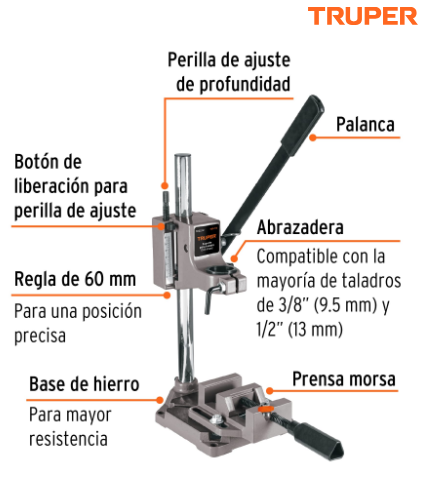 SOPORTE VERTICAL PARA TALADRO 3/8'' - 1/2'', TRUPER 102272 *