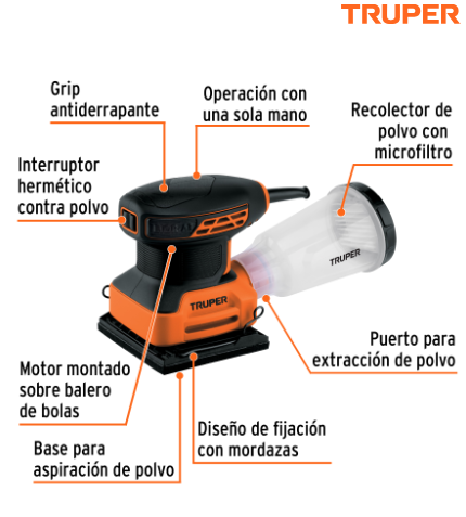 LIJADORA ORBITAL 1/4 HOJA 240W, PROFESIONAL, TRUPER 102746 *