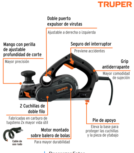 CEPILLO ELÈCTRICO 3-1/4" 720 W, INDUSTRIAL, TRUPER 102800 P