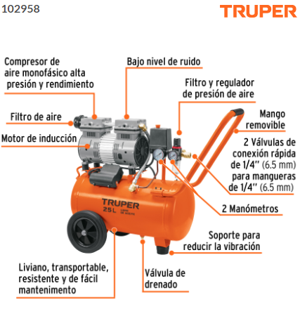 COMPRESOR DE AIRE, SILENCIOSO LIBRE DE ACEITE, 25 L, 2HP 102958 *