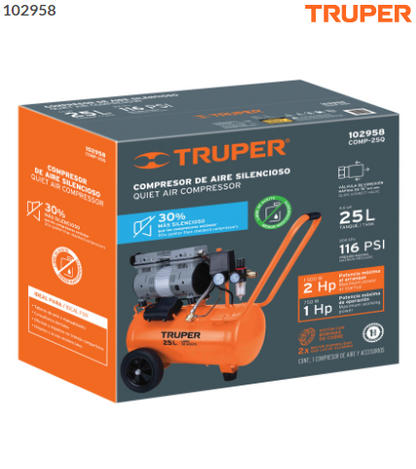 COMPRESOR DE AIRE, SILENCIOSO LIBRE DE ACEITE, 25 L, 2HP 102958 *