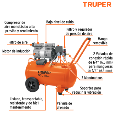 COMPRESOR DE AIRE, SILENCIOSO LIBRE DE ACEITE, 50L, 2HP 102959 *