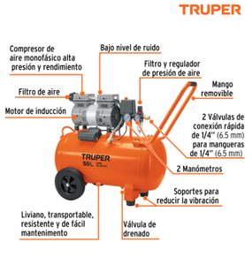 COMPRESOR DE AIRE, SILENCIOSO LIBRE DE ACEITE, 50L, 2HP 102959 *