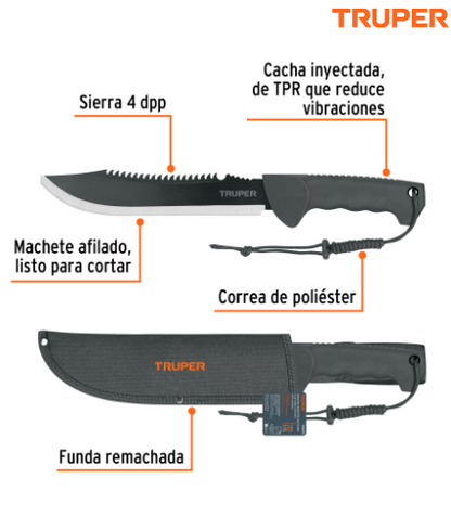 MACHETE DOBLE FILO 10'' CACHA INYECTADA, CON FUNDA, TRUPER 103015 *