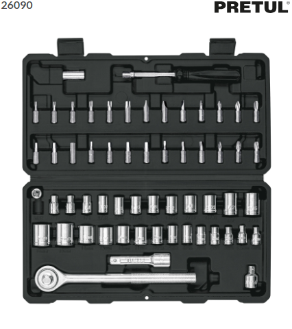 JUEGO DE 60 HERRAMIENTAS 1/4'' Y 3/8'' PARA MECÀNICO, PRETUL 26090 *