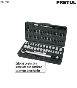 JUEGO DE 60 HERRAMIENTAS 1/4'' Y 3/8'' PARA MECÀNICO, PRETUL 26090 *
