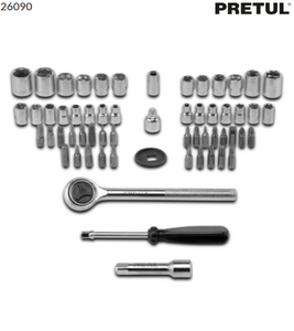 JUEGO DE 60 HERRAMIENTAS 1/4'' Y 3/8'' PARA MECÀNICO, PRETUL 26090 *
