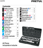 JUEGO DE 60 HERRAMIENTAS 1/4'' Y 3/8'' PARA MECÀNICO, PRETUL 26090 *