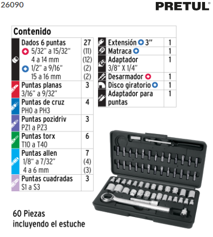 JUEGO DE 60 HERRAMIENTAS 1/4'' Y 3/8'' PARA MECÀNICO, PRETUL 26090 *