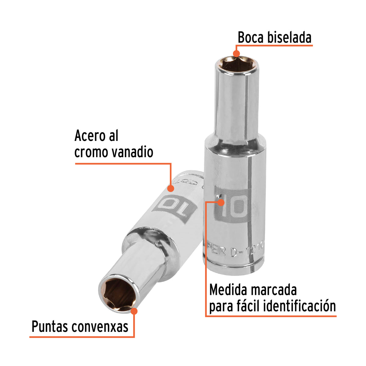 DADO LARGO DE 10 MM, 6 PUNTAS, CUADRO 1/2', TRUPER 13350 *