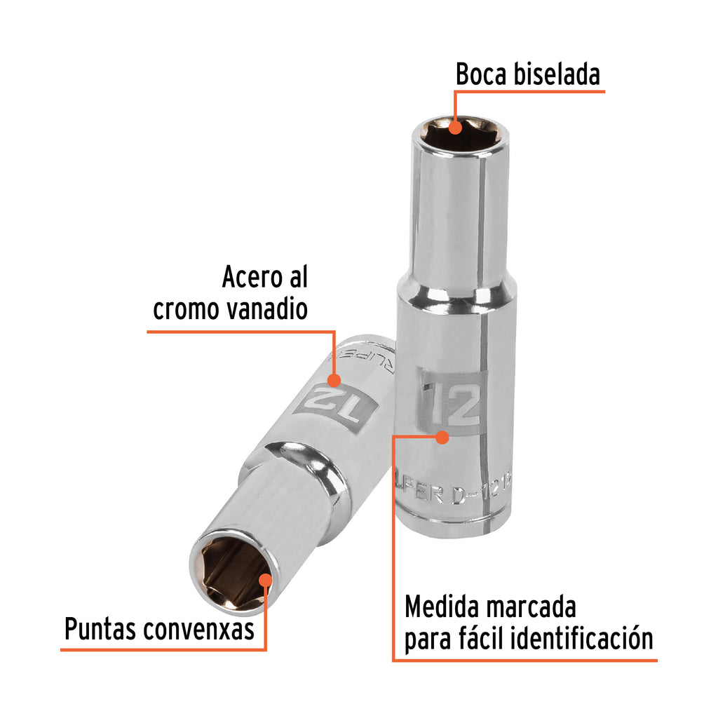 DADO LARGO DE 12 MM, 6 PUNTAS, CUADRO 1/2", TRUPER 13352 *