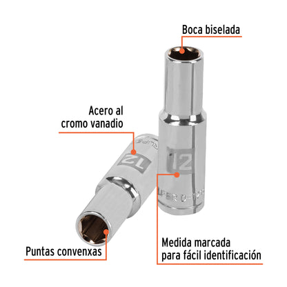 DADO LARGO DE 12 MM, 6 PUNTAS, CUADRO 1/2", TRUPER 13352 *