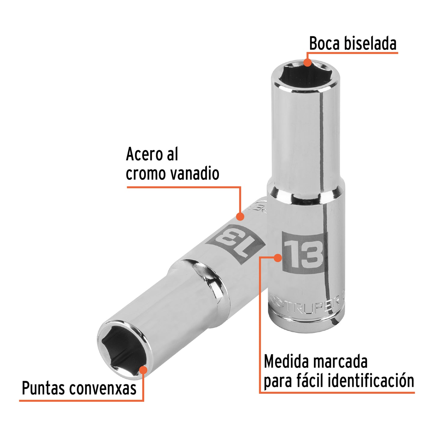 DADO LARGO DE 13 MM, 6 PUNTAS CUADRO 1/2'', TRUPER 13353 P