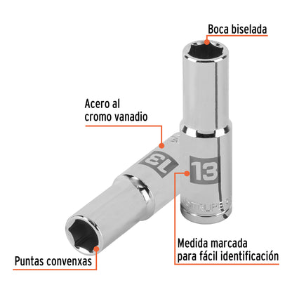 DADO LARGO DE 13 MM, 6 PUNTAS CUADRO 1/2'', TRUPER 13353 P