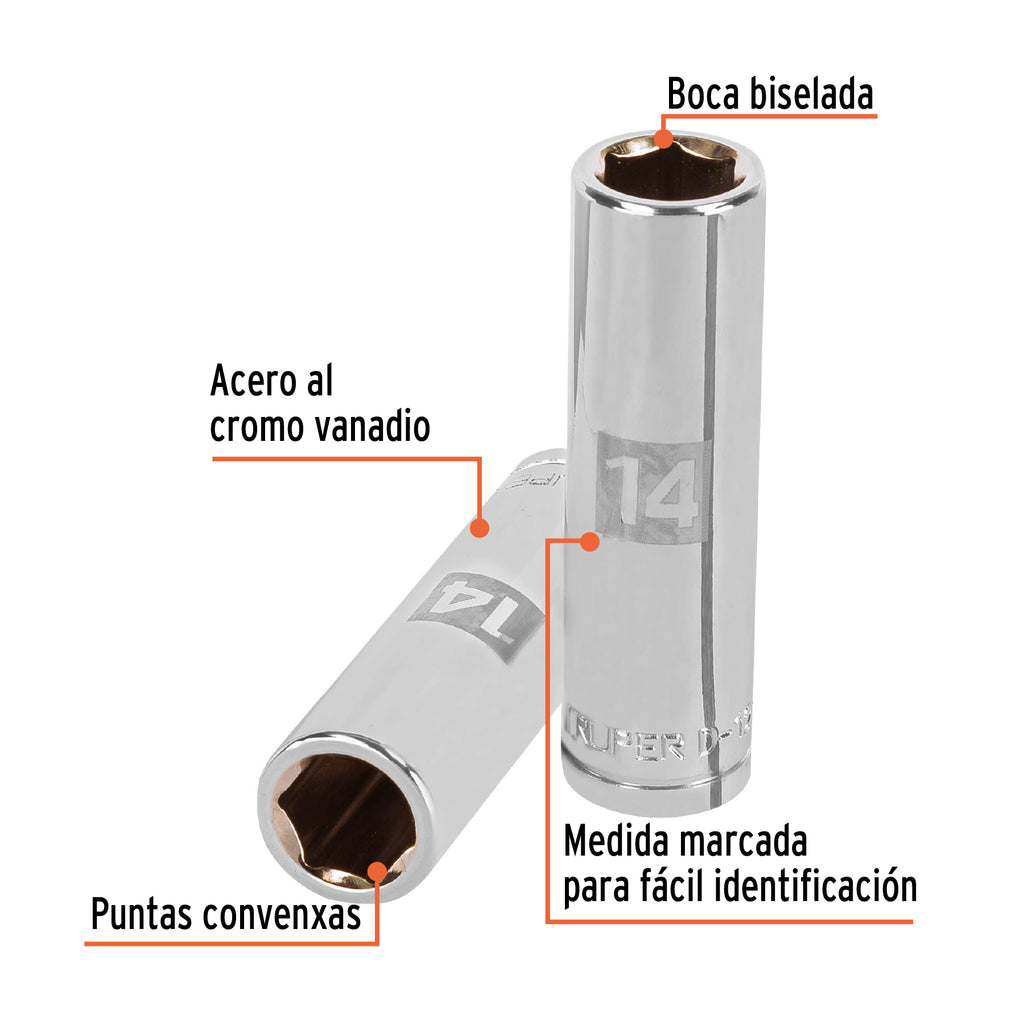 DADO LARGO DE 14 MM, 6 PUNTAS, CUADRO 1/2', TRUPER 13354 N