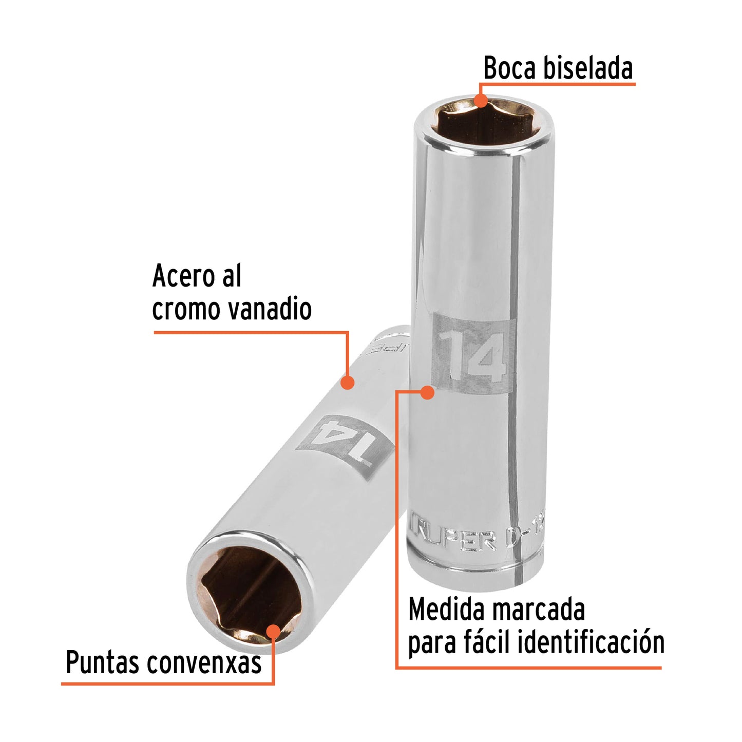 DADO LARGO DE 14 MM, 6 PUNTAS, CUADRO 1/2', TRUPER 13354 N