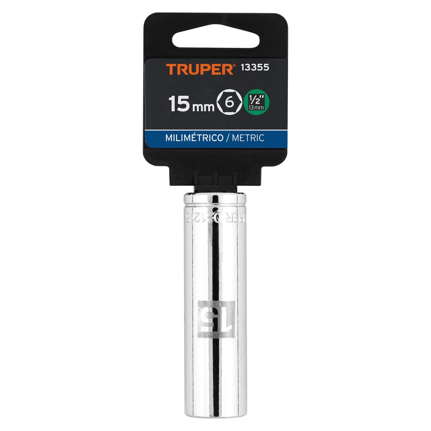 DADO LARGO DE 15 MM, 6 PUNTAS, CUADRO 1/2'', TRUPER 13355 P