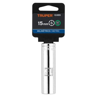 DADO LARGO DE 15 MM, 6 PUNTAS, CUADRO 1/2'', TRUPER 13355 P