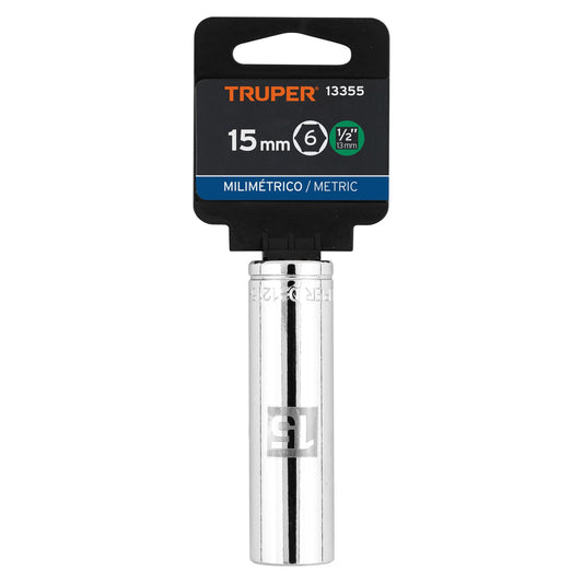 DADO LARGO DE 15 MM, 6 PUNTAS, CUADRO 1/2'', TRUPER 13355 P