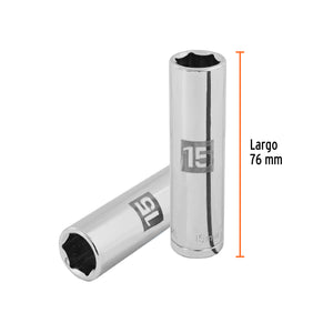 DADO LARGO DE 15 MM, 6 PUNTAS, CUADRO 1/2'', TRUPER 13355 P