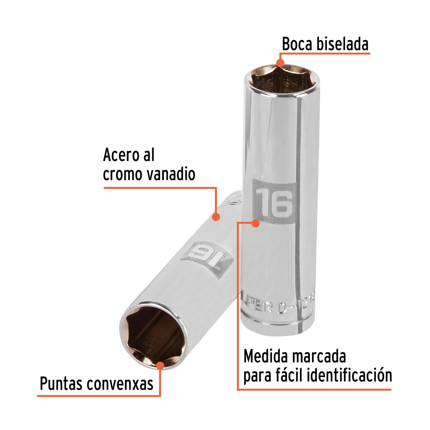 DADO LARGO DE 16MM, 6 PUNTAS, CUADRO 1/2'', TRUPER 13356 P