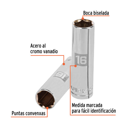 DADO LARGO DE 16MM, 6 PUNTAS, CUADRO 1/2'', TRUPER 13356 P