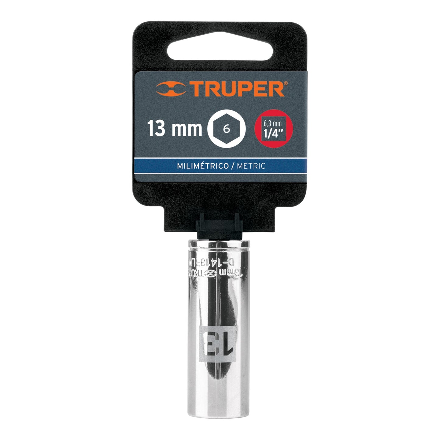 DADO LARGO DE 13 MM, 6 PUNTAS, CUADRO 1/4'', TRUPER 13207 P