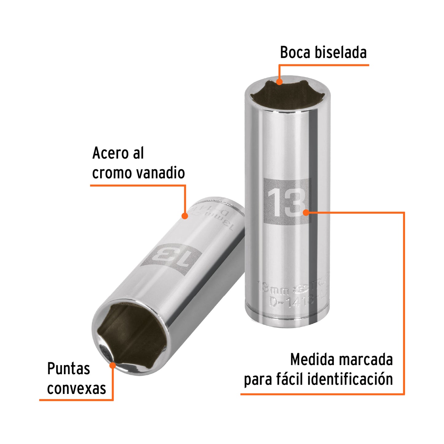 DADO LARGO DE 13 MM, 6 PUNTAS, CUADRO 1/4'', TRUPER 13207 P